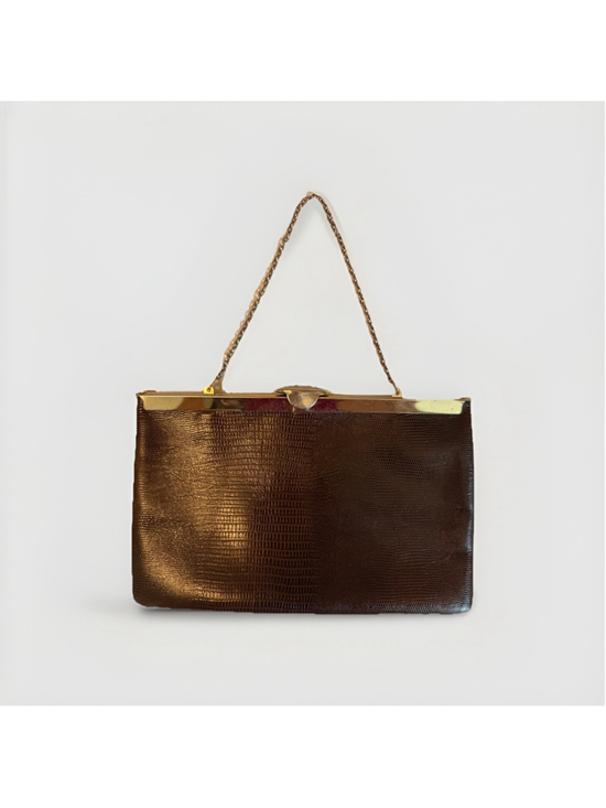 Etra Handbags - Vintage Etra Leather Lift Clasp Clutch with Chain Bag, Clean Lizard Embossed EUC
